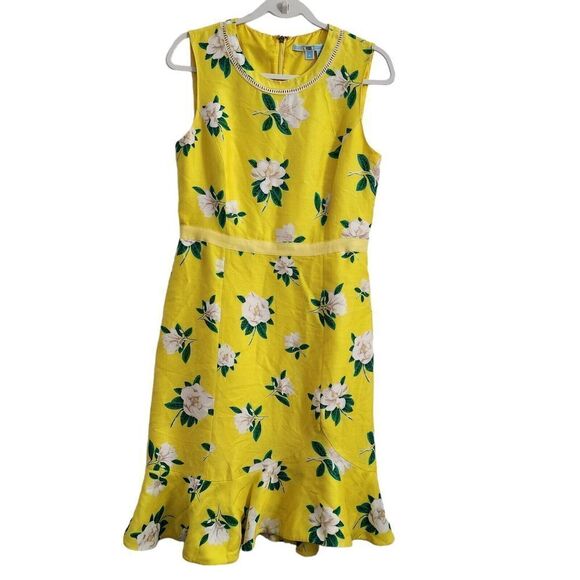 Draper James Dress 8 Yellow‎ Floral Magnolia Sheath Silk Blend Ruffle Hem Lined - Picture 1 of 11